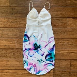 White Strap Dress Purple Teal Floral Design
